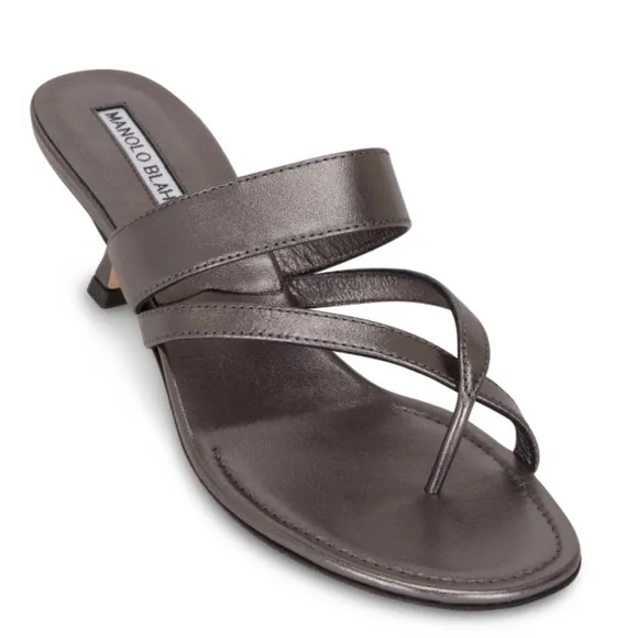 MANOLO BLAHNIK SUSA ANTHRACITE PEWTER SANDAL KITTEN HEEL​​​​