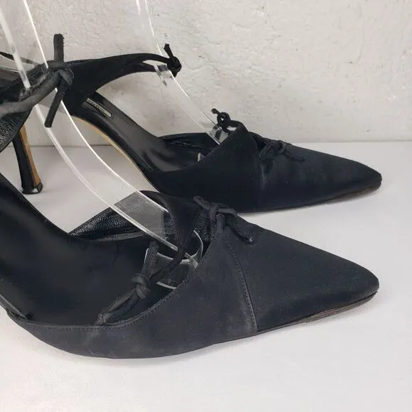 Manolo Blahnik Womens Point Toe Satin Stiletto Mules Pumps Black Size 41 EU 11US