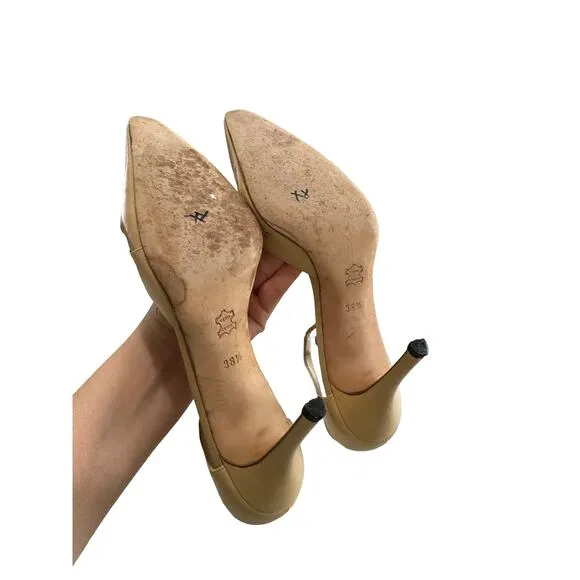 Manolo blahnik women's vintage beige t-strap pointed heels size 38.5