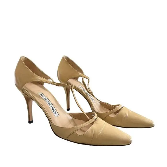 Manolo blahnik women's vintage beige t-strap pointed heels size 38.5