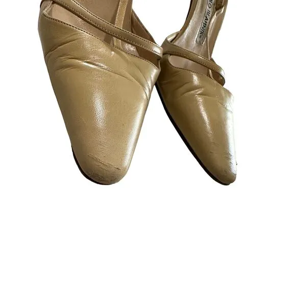 Manolo blahnik women's vintage beige t-strap pointed heels size 38.5
