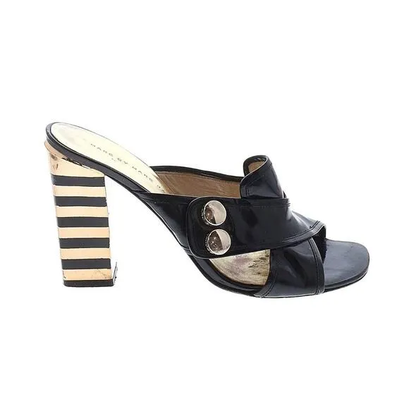 Marc by Marc Jacob Black Gold Metallic Heel Slip On Strappy Slides Mule Sz EU 37