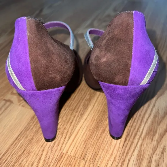 Marc Jacobs Brown Purple Suede‎ Metallic Leather Mary Jane Heels
