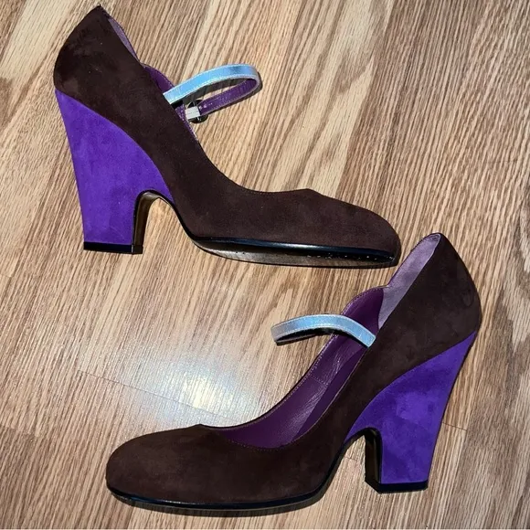 Marc Jacobs Brown Purple Suede‎ Metallic Leather Mary Jane Heels