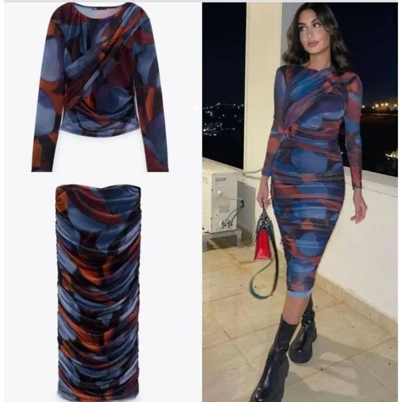 MATCHING SET PRINTED TULLE SKIRT ZARA RED AND BLUE AND WRAP TOP red