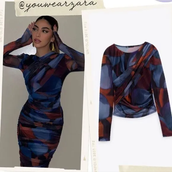 MATCHING SET PRINTED TULLE SKIRT ZARA RED AND BLUE AND WRAP TOP red
