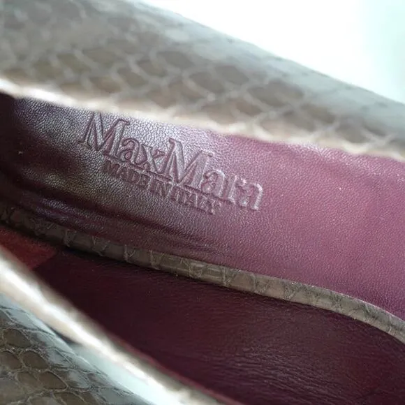 MAX MARA Taupe Snake Embossed Peep Toe Heels | Italian Leather Elegance | EUC