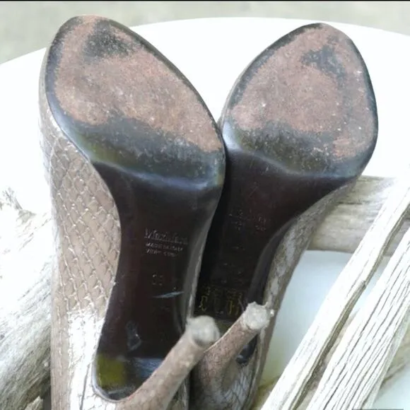 MAX MARA Taupe Snake Embossed Peep Toe Heels | Italian Leather Elegance | EUC