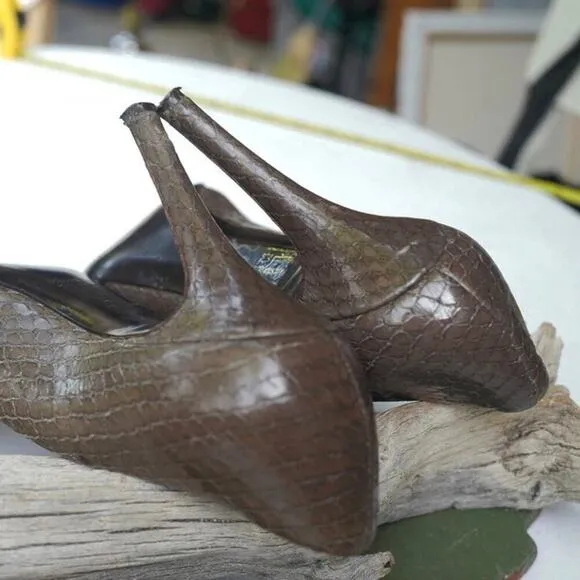 MAX MARA Taupe Snake Embossed Peep Toe Heels | Italian Leather Elegance | EUC