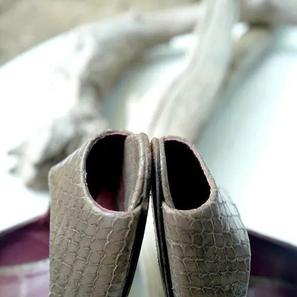 MAX MARA Taupe Snake Embossed Peep Toe Heels | Italian Leather Elegance | EUC