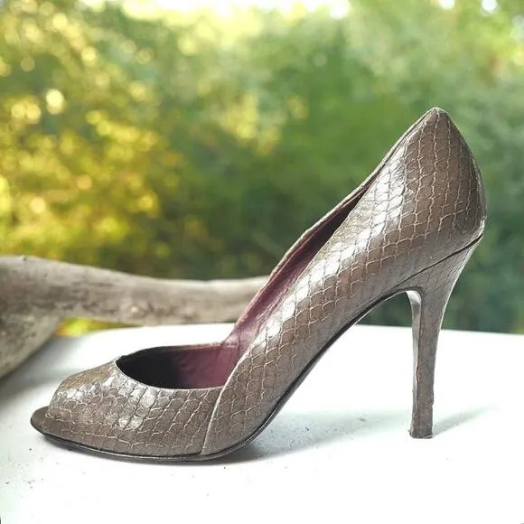 MAX MARA Taupe Snake Embossed Peep Toe Heels | Italian Leather Elegance | EUC