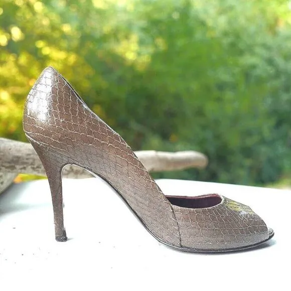 MAX MARA Taupe Snake Embossed Peep Toe Heels | Italian Leather Elegance | EUC