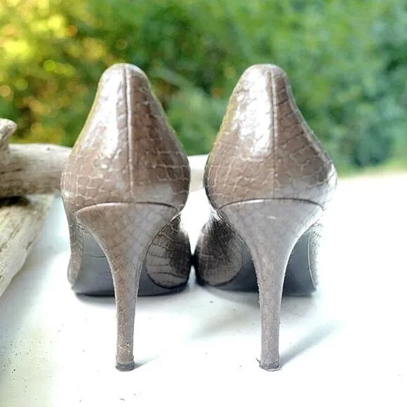 MAX MARA Taupe Snake Embossed Peep Toe Heels | Italian Leather Elegance | EUC