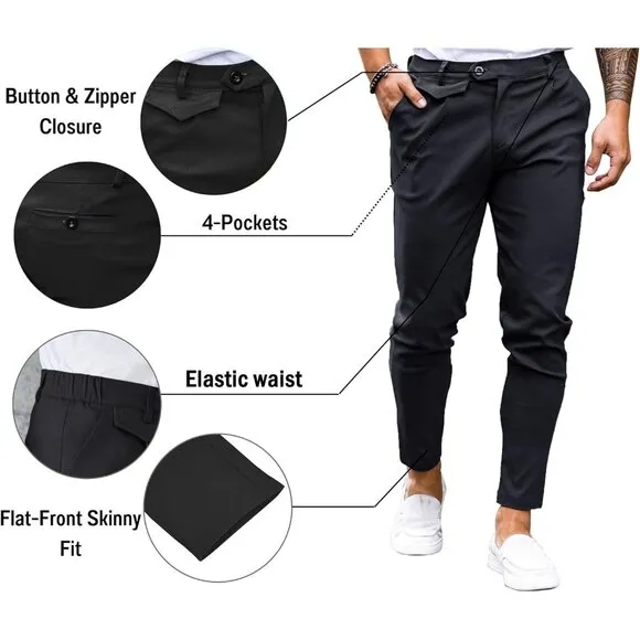 🆕Men Black Slim Fit Front Stretch Skinny Tapered Dress Pant Comfort Casual Pant