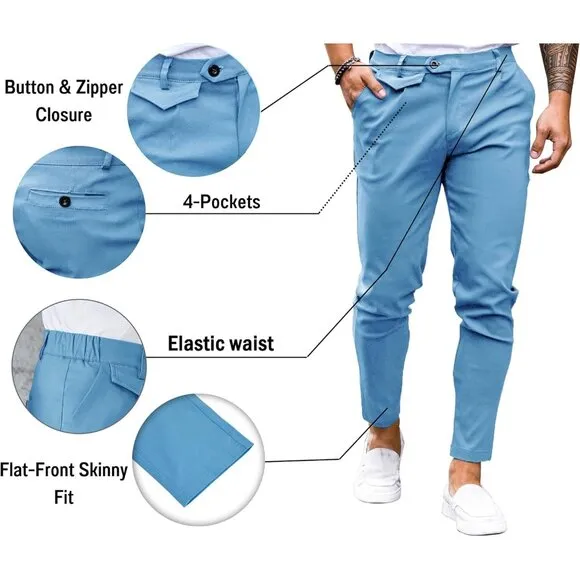 🆕Men Blue Slim Fit Front Stretch Skinny Tapered Dress Pant Comfort Casual Pant