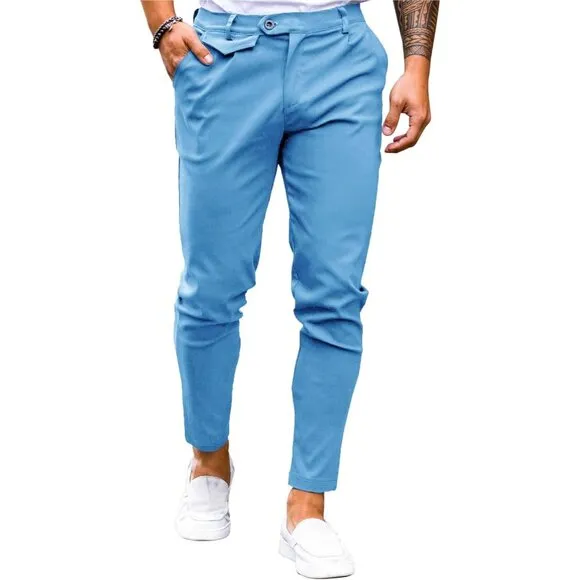 🆕Men Blue Slim Fit Front Stretch Skinny Tapered Dress Pant Comfort Casual Pant