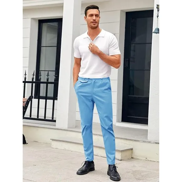 🆕Men Blue Slim Fit Front Stretch Skinny Tapered Dress Pant Comfort Casual Pant