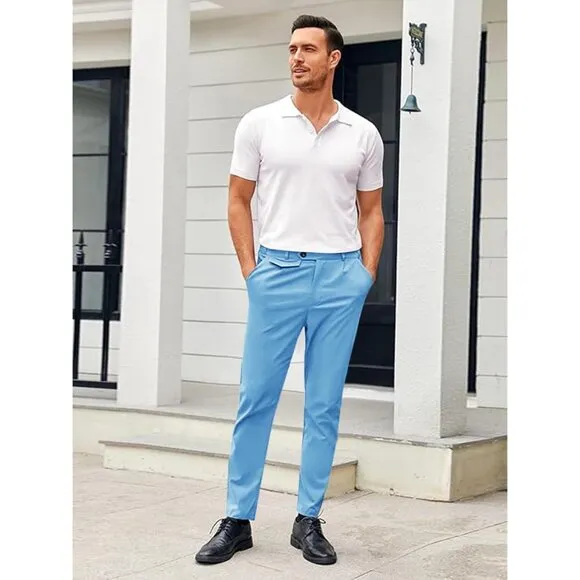 🆕Men Blue Slim Fit Front Stretch Skinny Tapered Dress Pant Comfort Casual Pant