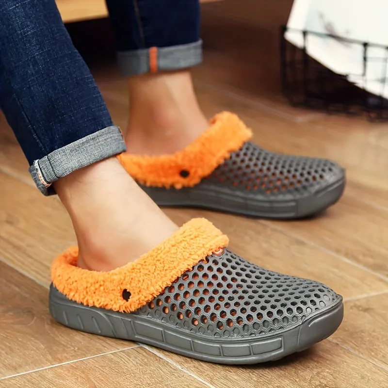 Men's Fashion Clogs, Slip-on Closed Toe Sandals, Soft Sole Walking Shoes With Fuzzy Lining, Outdoor Garden Shoe For Autumn And Winter