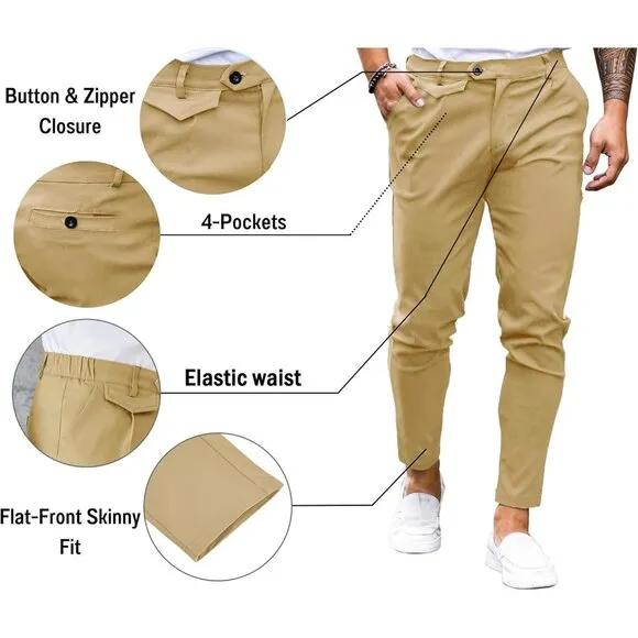 Men's Stretch Skinny Tapered Dress Pants Comfort Casual Solid Trousers