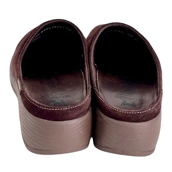 Mephisto Brown Suede Platform Clogs Mules, Size 8.5