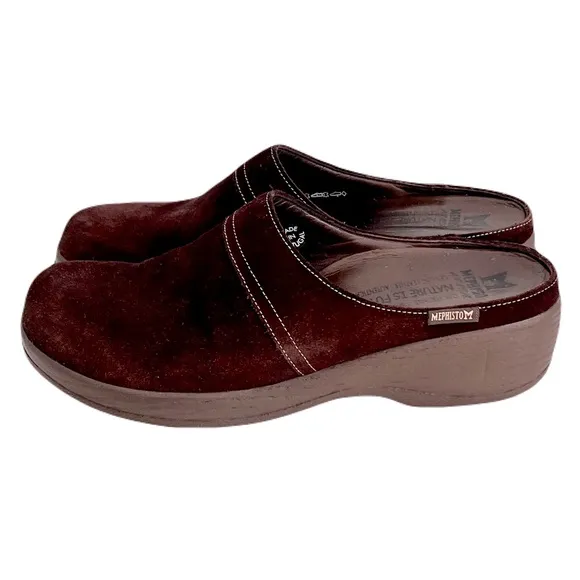 Mephisto Brown Suede Platform Clogs Mules, Size 8.5