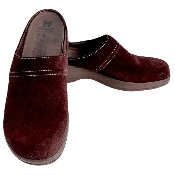 Mephisto Brown Suede Platform Clogs Mules, Size 8.5