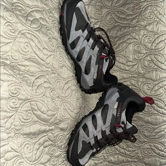 Merrell Black and Gray Trail Shoes with Red Accents
