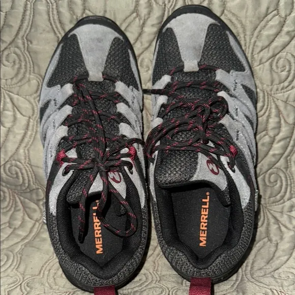 Merrell Black and Gray Trail Shoes with Red Accents