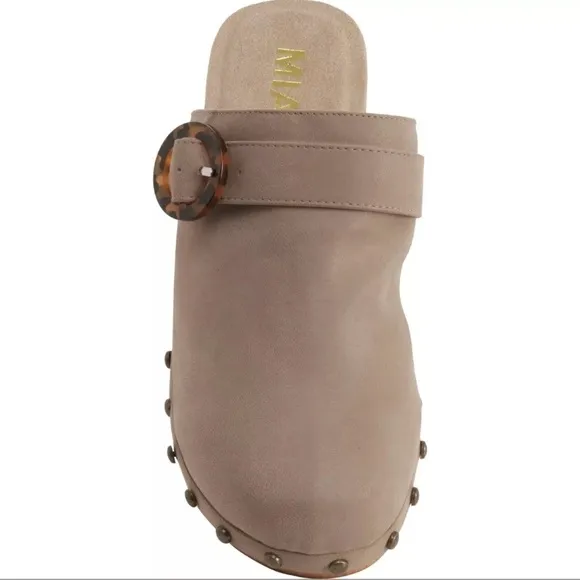 Mia Arturo Low Retro Wood Suede Studded Clogs Size 8
