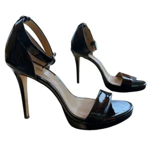 Michael Kors Black Stiletto Heeled Sandal 8.5 Patent Leather Strappy Luxury Glam