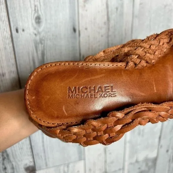 Michael Kors brown leather woven huarache sling back wooden wedge heels size 9