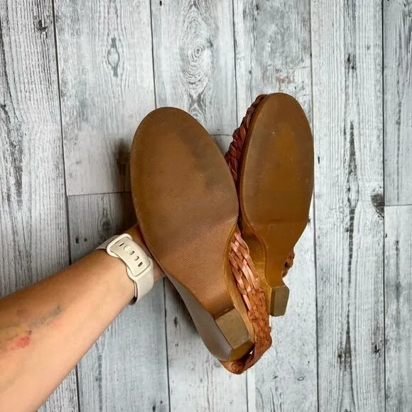 Michael Kors brown leather woven huarache sling back wooden wedge heels size 9