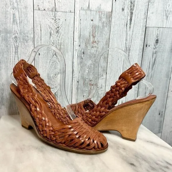 Michael Kors brown leather woven huarache sling back wooden wedge heels size 9
