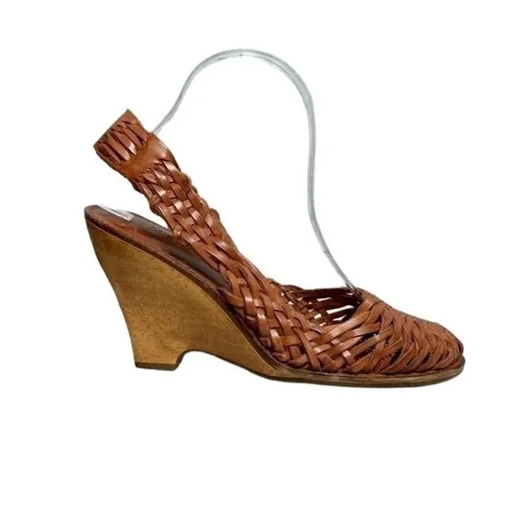 Michael Kors brown leather woven huarache sling back wooden wedge heels size 9
