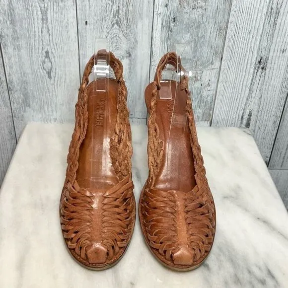 Michael Kors brown leather woven huarache sling back wooden wedge heels size 9