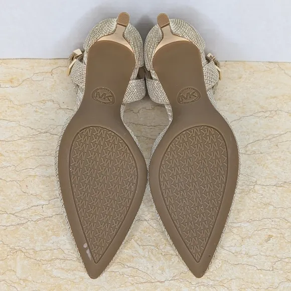 Michael Kors Heels Pale Gold Glitter Champagne Ankle Strap Pointed Toe NWOT