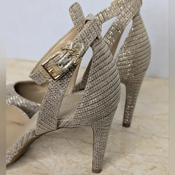 Michael Kors Heels Pale Gold Glitter Champagne Ankle Strap Pointed Toe NWOT