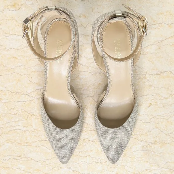 Michael Kors Heels Pale Gold Glitter Champagne Ankle Strap Pointed Toe NWOT