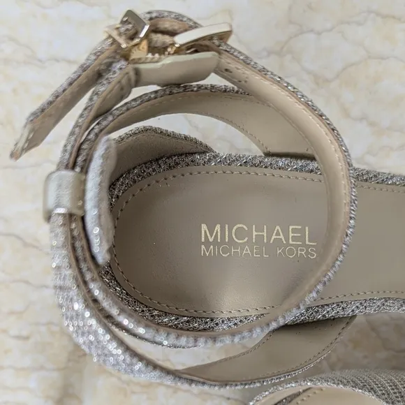 Michael Kors Heels Pale Gold Glitter Champagne Ankle Strap Pointed Toe NWOT