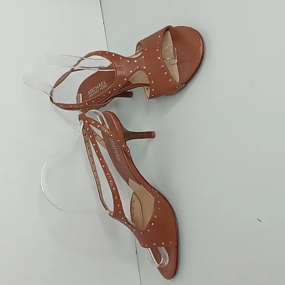 Michael Kors Leather Strappy  Heels w/Stud Detailing - Camel - 8.5M
