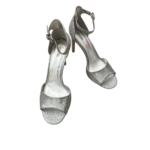 Michael Kors Shelly Silver Glitter Strappy Heels | Size 10