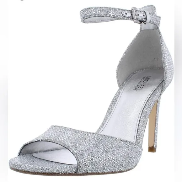 Michael Kors Shelly Silver Glitter Strappy Heels | Size 10