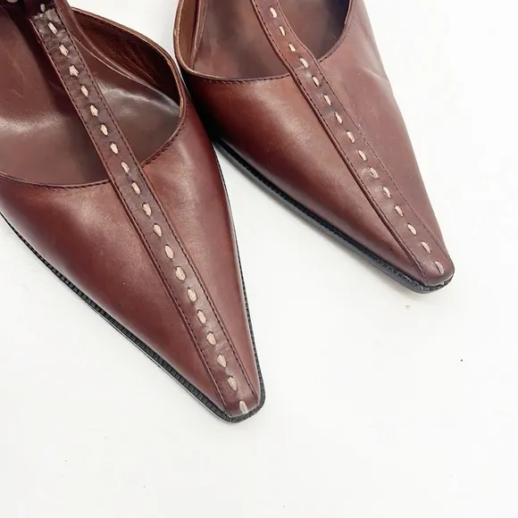 Michael Kors T-Strap Hand Stitched Pointed Toe Brown Heels size 7.5