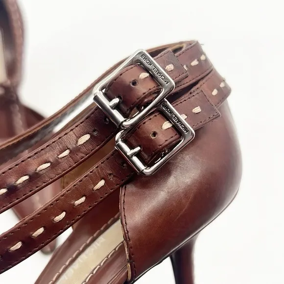 Michael Kors T-Strap Hand Stitched Pointed Toe Brown Heels size 7.5