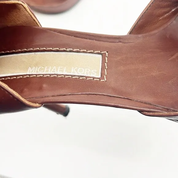 Michael Kors T-Strap Hand Stitched Pointed Toe Brown Heels size 7.5