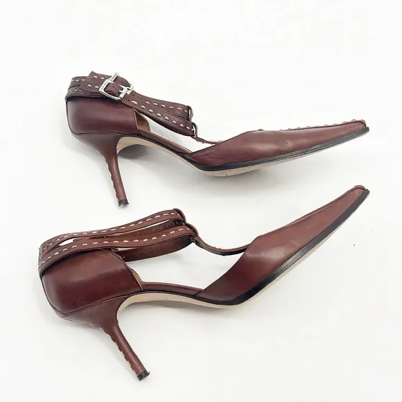 Michael Kors T-Strap Hand Stitched Pointed Toe Brown Heels size 7.5