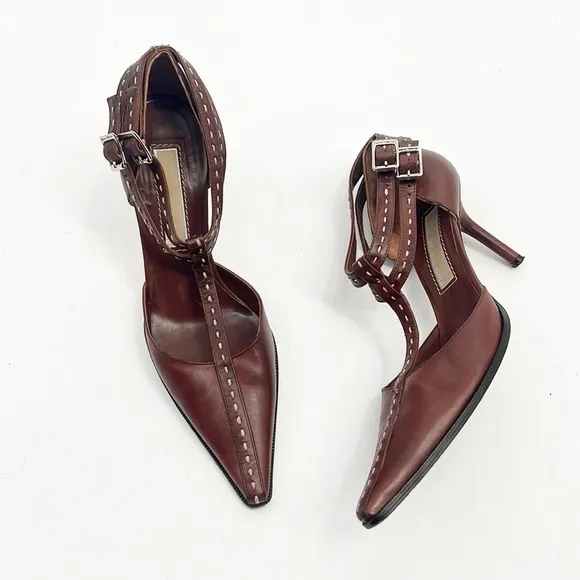 Michael Kors T-Strap Hand Stitched Pointed Toe Brown Heels size 7.5