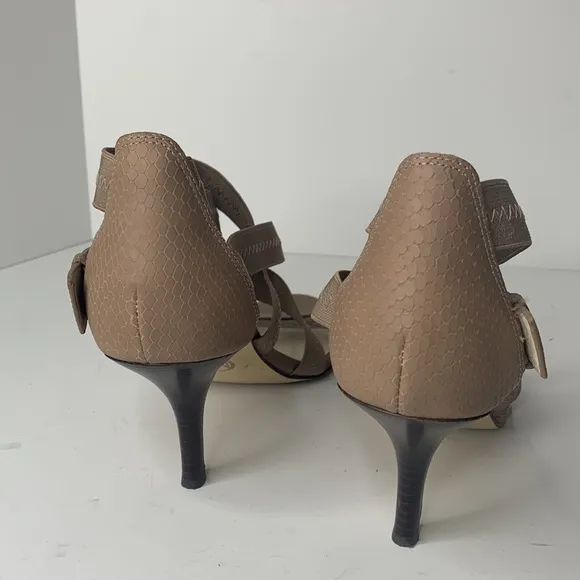 Michael Kors taupe leather Carina cross-strap heels