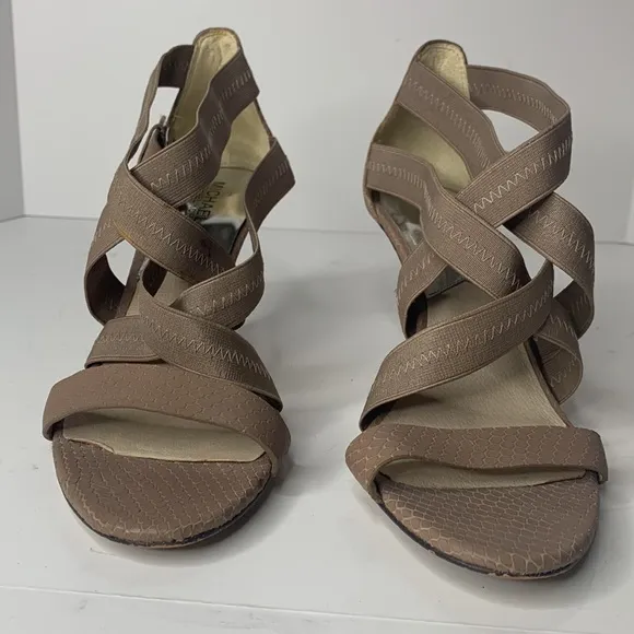 Michael Kors taupe leather Carina cross-strap heels